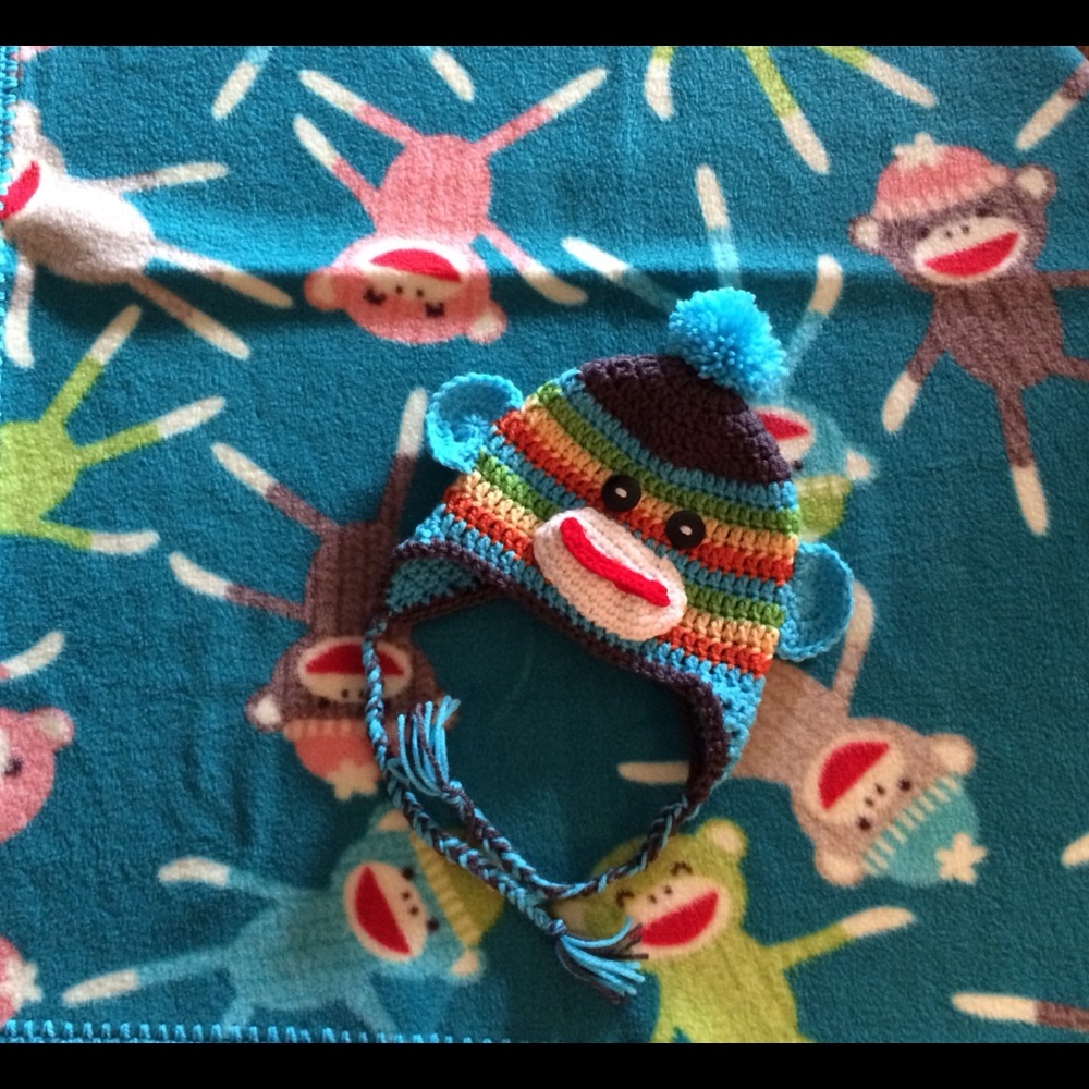 Sock Monkey crochet hat and anti pill fleece throw